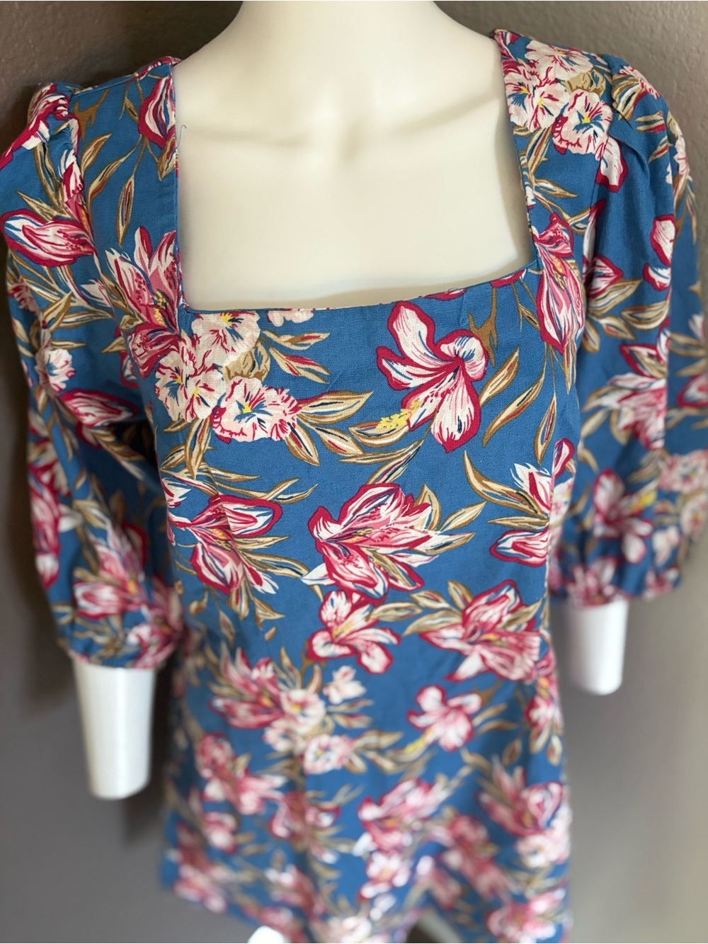 a new day Teal-Blue Floral Square-Neck Mini Dress with Pink Blooms - Picture 2 of 7